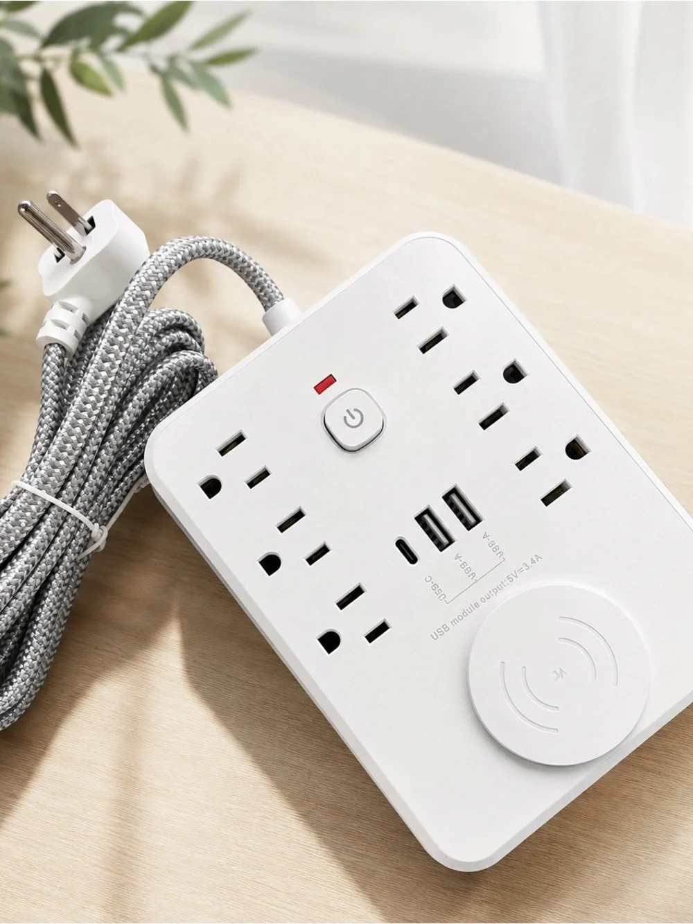White Multi-Outlet Power Strip with USB and Wireless Charger